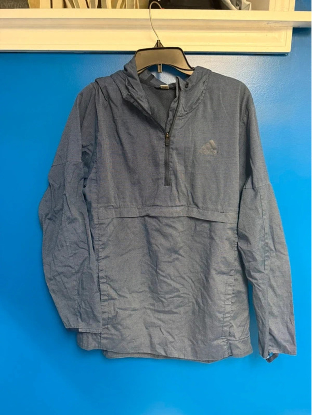 Adidas Mens Textured Half-Zip Hooded Anorak Windbreaker Jacket Blue Gray XL